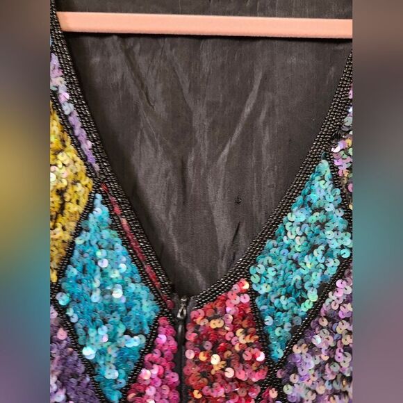 Vintage 80s Colorful Sequins Diamond Argyle Tassel Fringe Midi Dress Fla… - Picture 13 of 13